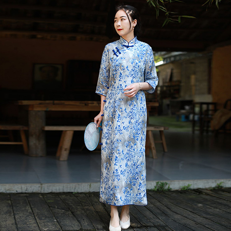 

LZJN Traditional Chinese Dresses Cheongsam Blue and White Porcelain Long Qipao Dress Sexy Split Tang Costume Lady Banquet Qipao