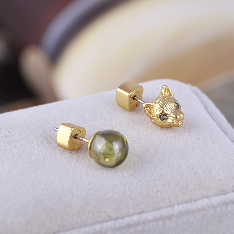 Fashion- cat head desigh and 06.cm asymmetric bead stud earring with nature green stone for women wedding jewelry gift free shippin