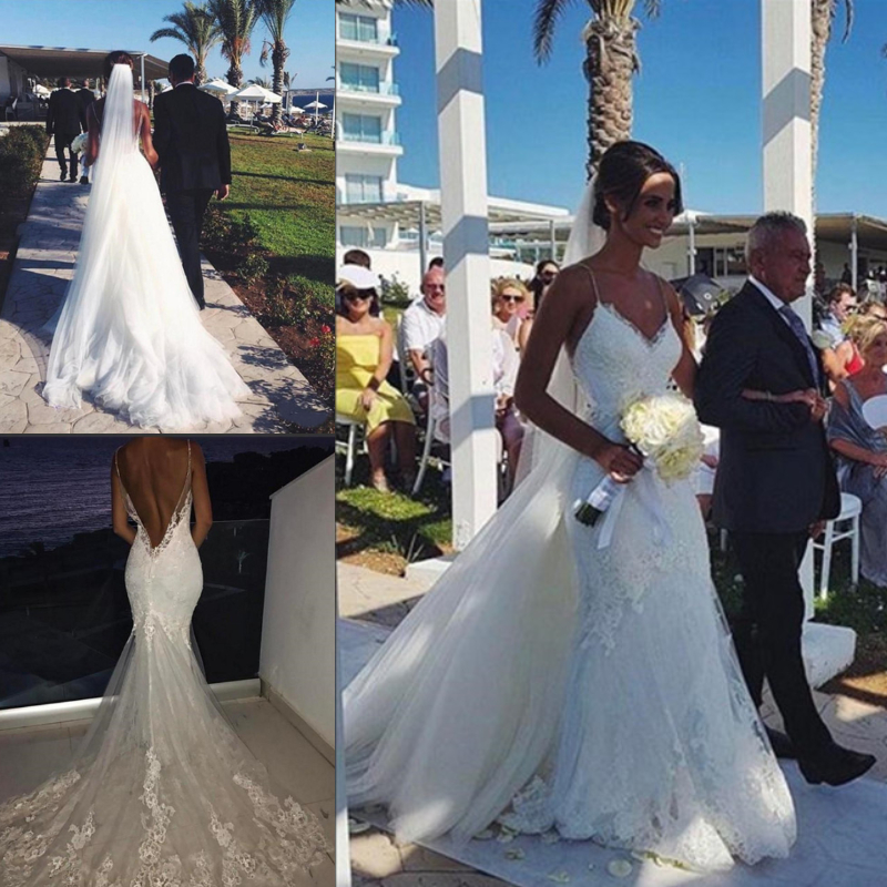 Sexy Backless Mermaid Boho Wedding Dress With Detachable Train Applique Lace Spaghetti Straps Long Bohemian Beach Bride Dresses Bridal Gowns