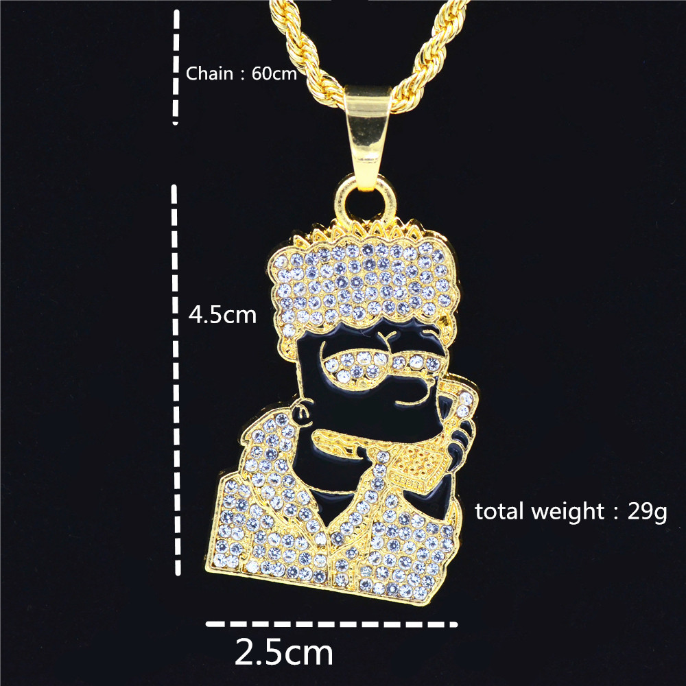 Fashion-Iced Out Quavo Choker Full Rhinestone Cartoon Figure Pendent Necklace Present Bling Rapper Jewelry 2PCS Christmas Gift