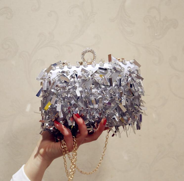 Tassel Diamond Clutch Bags Women Purse Ladies white Hand Bags Evening Bags for Party Wedding Silver Shoulder Bag