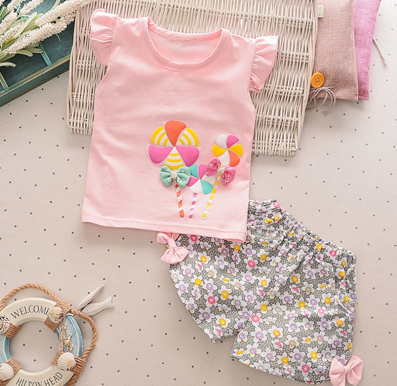 Baby Girls Outfits Lollipop Printed Kids Tops Floral Shorts 2pcs Sets Sweet Girls Clothes Set Fashion Kids Clothing 7 Colors DHW2448