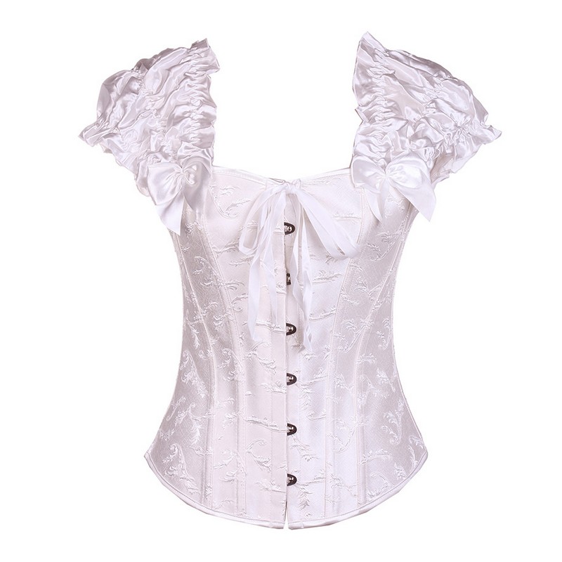 Elegant Women's Victorian Corset Dress Brocade Jacquard Steel Bones Bridal Underbust Bodice with Puff Short Sleeves Available in White & Black Sm
