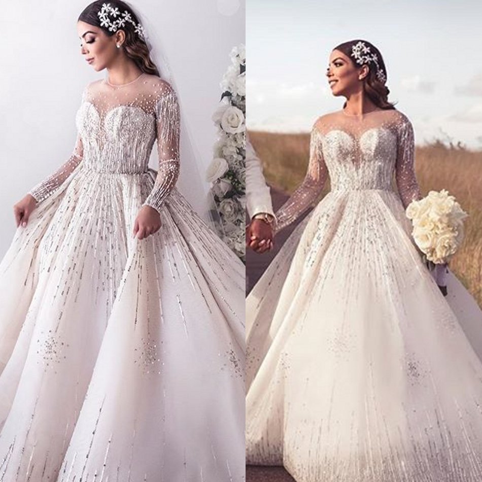 ball gown wedding dresses rhinestone applique pearls jewel bride gowns sweep tarin long sleeves vestidos de novia