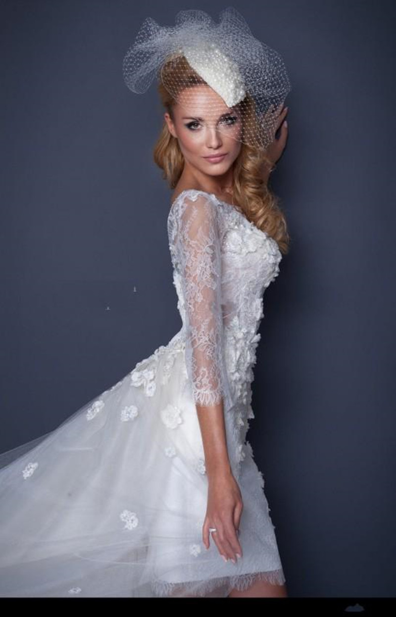 2019 New Lace Backless Wedding Dresses Sexy Jewel Neck 3/4 Long Sleeves Sheath Short Wedding Dresses with Detachable Train Two Pieces