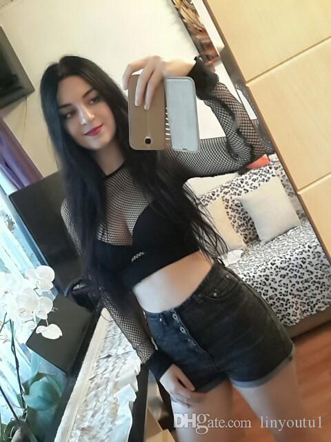 2020 Women T-shirt Solid Black Mesh Sexy Hot Long Sleeve Perspective Mesh Fishnet Crop Tops T-Shirt 2020