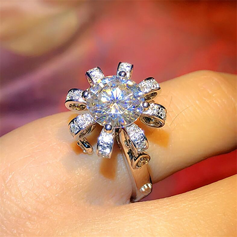 US Size 6-10 Classic Jewelry 925 Sterling Silver Round Cut White Topaz CZ Diamond Gemstones Eternity Women Flower Wedding Band Ring Gift