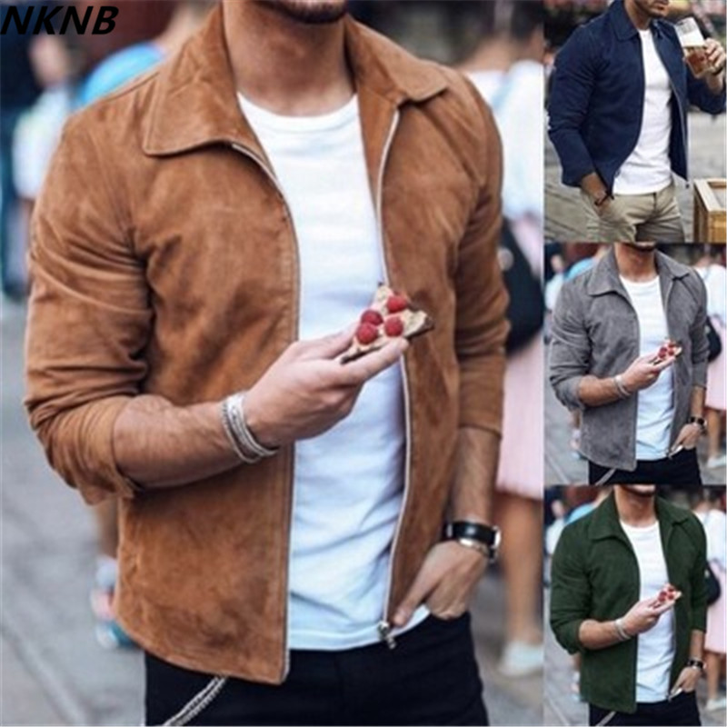 2018 New Men's Slim Fit Suede Jacket Coat Male Autumn Turn down Collar Zipper Jackets Coat Solid Color Outerwear S-3XL