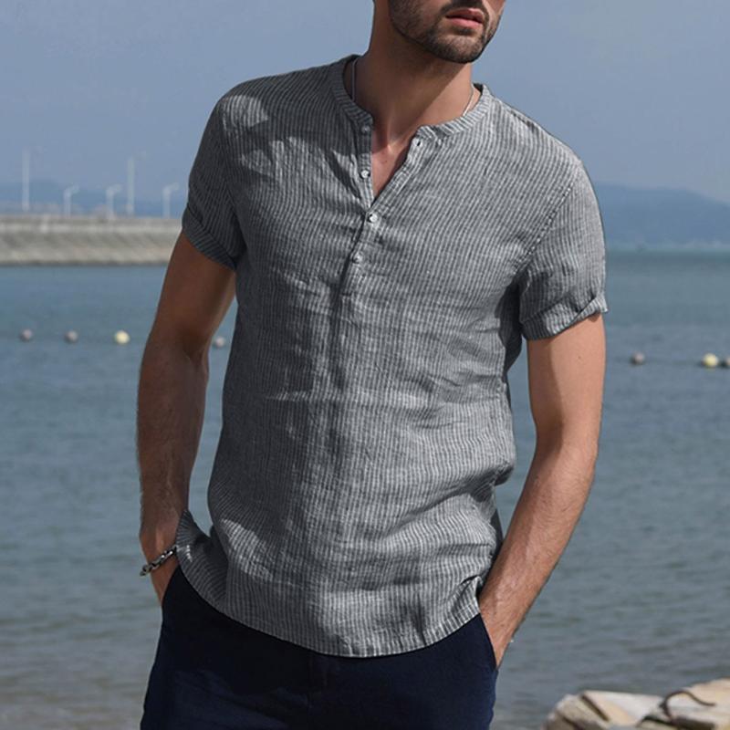 KANCOOLD Shirt Men's Summer Baggy Cotton Blend Striped Stand Collar Short Sleeve Shirts Vintage Loose Blouse shirts for men Jun1, Blue 
KANCOOLD Shirt Men's Summer Baggy Cotton Blend Striped Stand Collar Short Sleeve Shirts Vintage Loose Blouse shirts for men Jun1, Blue