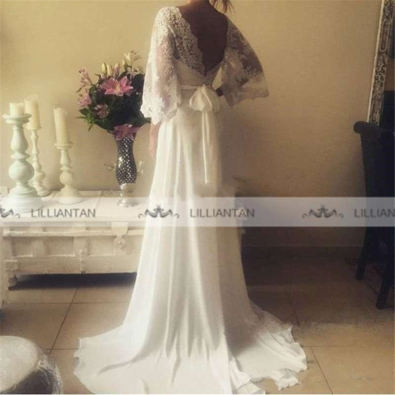 Beach Lace Chiffon Wedding Dresses with Loose Sleeve 2019 V-neck Backless Summer Holiday Seaside Bohemian Bridal Gowns Cheap