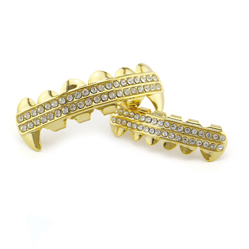 Punk Gold Teeth Grillz 2 Row Iced Out Grills Dental Hip Hop Vampire Fangs Teeth Caps Halloween Party Body Jewelry