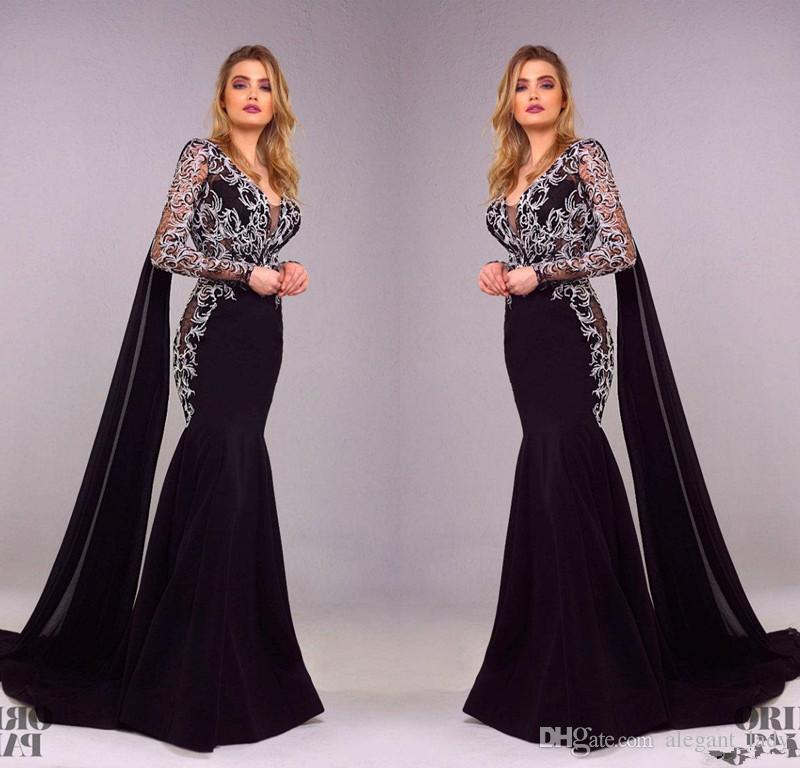 Tony Chaaya 2019 Mermaid Evening Dresses Long Sleeves Flower Embroidery Gorgeous Prom Gowns Sexy V Neck Plus Size Formal Dress