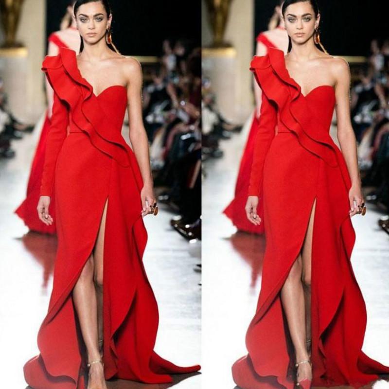 New Modern Red Dresses One Shoulder Long Sleeve Front Split Formal Party Evening Gowns Runway Fashion Prom Wear Custom Made 6660306