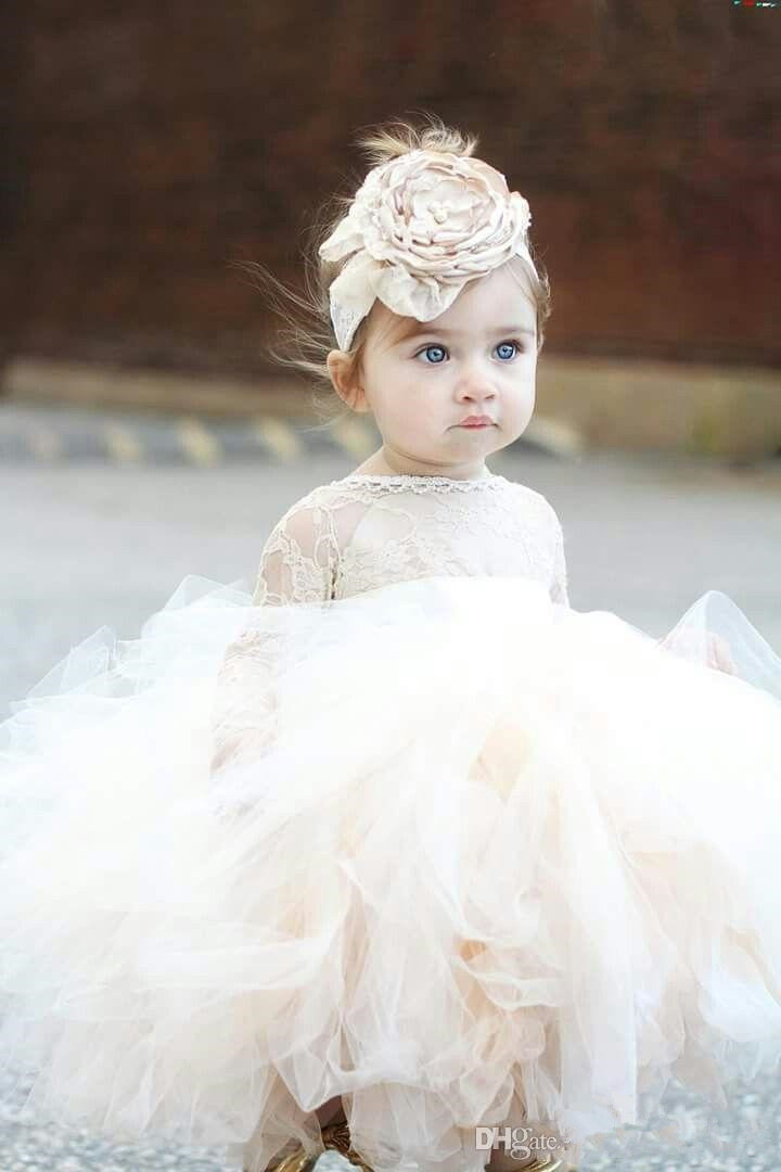 Cheap 2020 Lovely Flower Girls' Dresses Ivory Baby Infant Toddler Baptism Clothes Long Sleeves Lace Tutu Ball Gowns Birthday Party Dress
