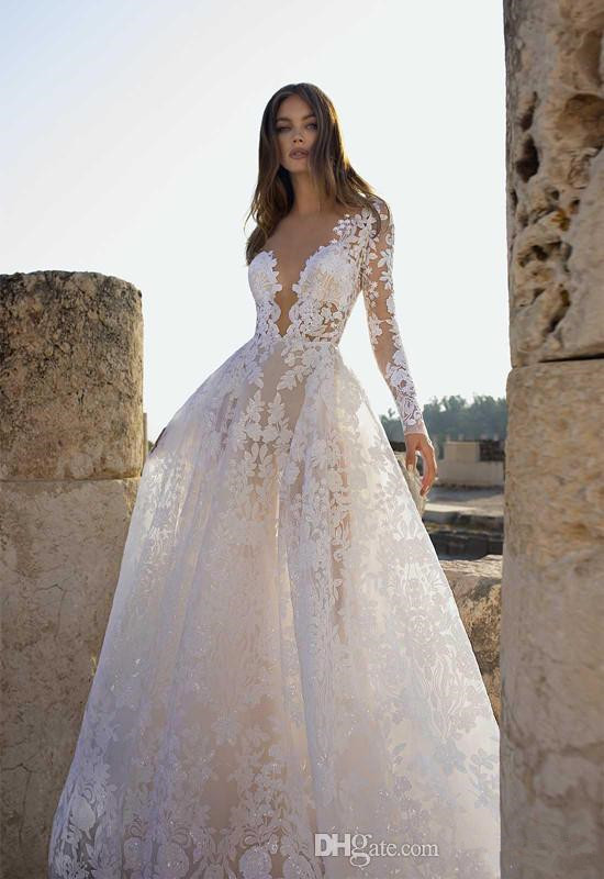 elegant a line wedding dresses lace appliqued beach wedding dress v neck long sleeves backless bohemia plus size bridal gown