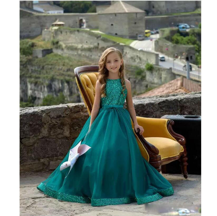 Newest A Line Flower Girl Jewel Neck Sleeveless Sequins Sash Wedding Dress Floor Length Girl's Birthday Part 0431