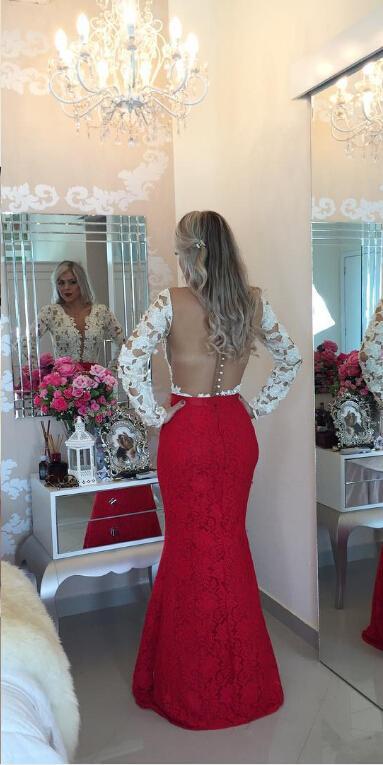 Ivory Long Red Sleeves Lace Mermaid Evening With Beadings Sheer Deep V-Neck Or Length Special Ocn Dresses Vestidos Robe