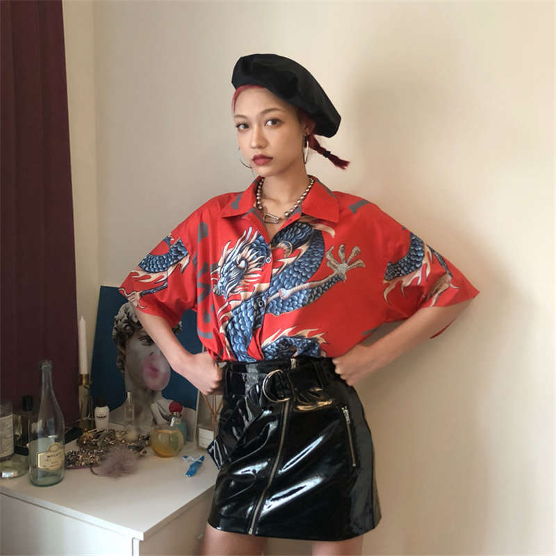 Neploe Harajuku New Summer Blouse 3d Dragon Print Shirt 2019 Short Sleeve Turn-down Collar Tops Woman Man Causal Blouses 35272 C19041201