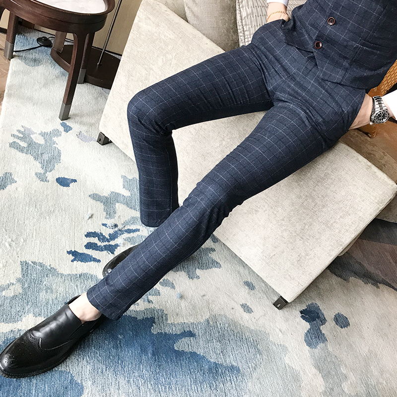 ( Jacket + Vest + Pants ) 2018 New Men's Fashion Boutique Plaid Wedding Dress Suit Three-piece Male Formal Business Casual Suits