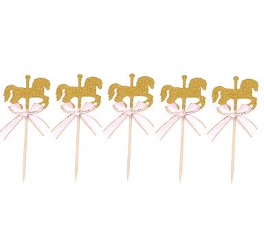 Cartoon Horse Cupcake Topper With Bow Tie Glitter Gold Carousel Wedding Birthday Party Cake Decoration DIY Handmade Cake Decor