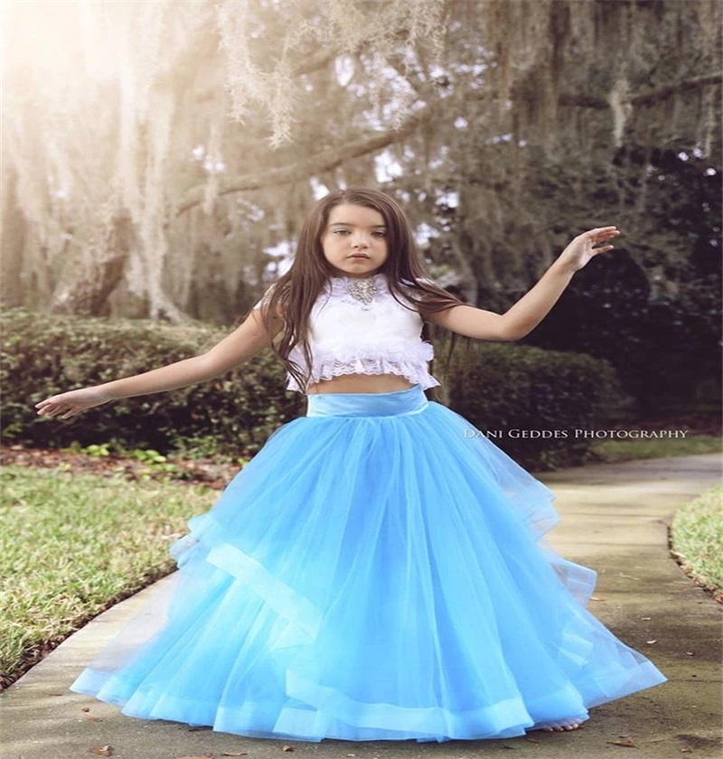 Two Piece White And Blue Birthday Gown Crystal Applique Lace Ruched Tulle Pageant Gown Jewel Sleeveless Floor-length Flower Girl Dress Cheap