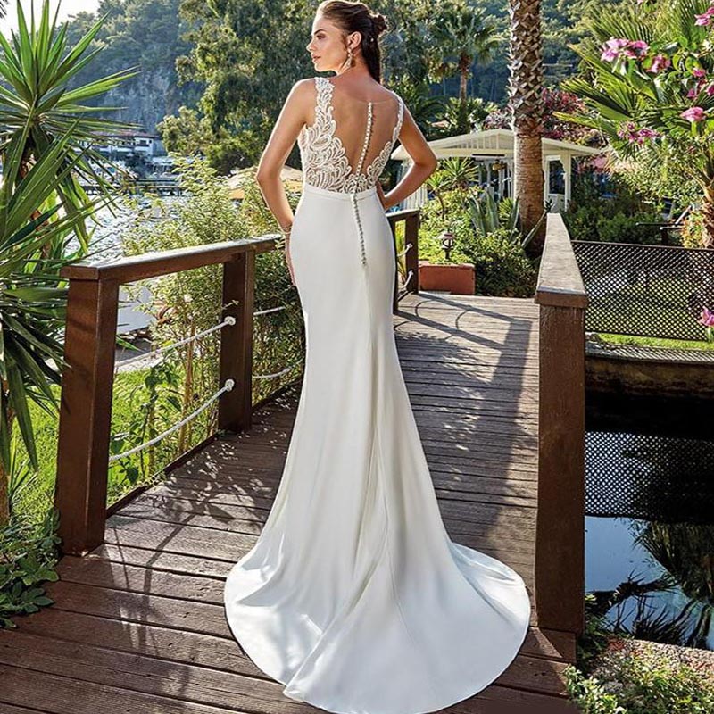 Long Mermaid Wedding Dress with Overskirt Removable Appliqued Lace Chiffon Sheer Back Bridal Gowns Floor Length Vestidos De Novia