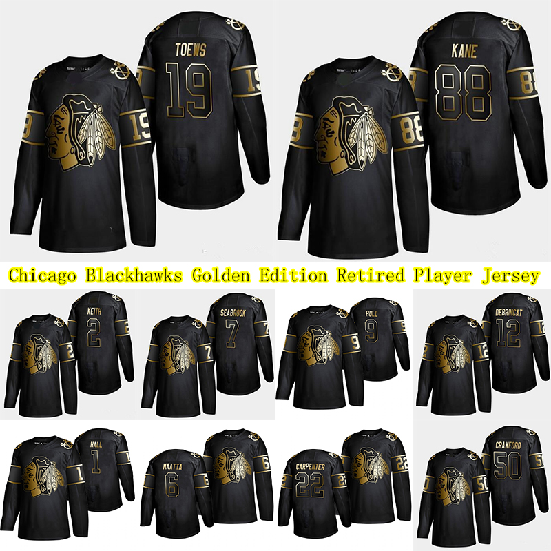 Custom Chicago Blackhawks Black 2019 NHL Golden Edition Retired Player Jersey 88 Kane 19 Toews 2 Duncan Keith 50 Corey Crawford
Custom Chicago Blackhawks Black 2019 NHL Golden Edition Retired Player Jersey 88 Kane 19 Toews 2 Duncan Keith 50 Corey Crawford