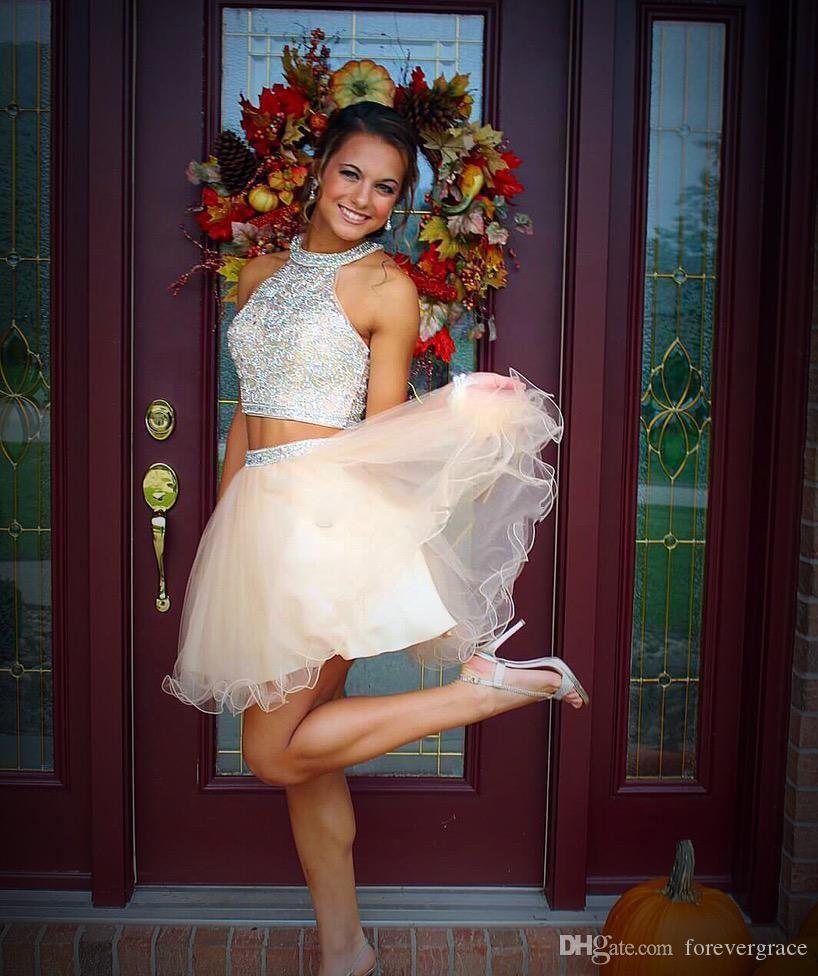 2019 Two Pieces Halter Short Homecoming Dress A-Line Beading Crystal Top Sweet 15 Graduation Cocktail Party Dress Plus Size Custom Made