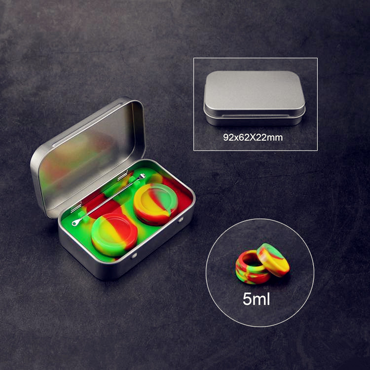 4 in 1 Tin Silicone Storage Kit Set with 2pcs 5ml Silicon Wax Container Oil Jar Base Dab Dabber Tool Metal Box Case
4 in 1 Tin Silicone Storage Kit Set with 2pcs 5ml Silicon Wax Container Oil Jar Base Dab Dabber Tool Metal Box Case
