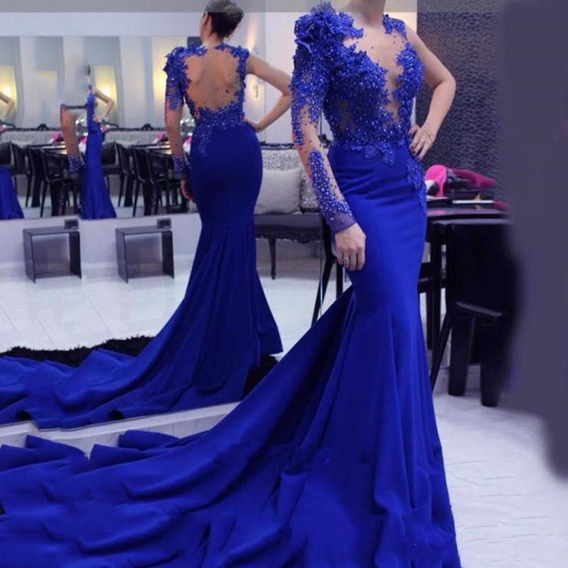 Sexy Illusion Backless Prom Dresses Royal Blue Mermaid Formal Evening Gowns Floral Lace Appliques Beaded One Sleeve Women Dress Vestidos