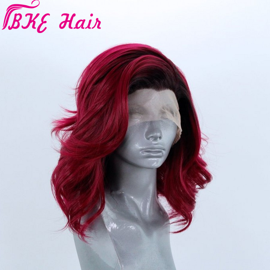 Free shipping Short Bob Glueless 13*3 synthetic Lace Front Ombre red Color for women 150 Density Brazilian wavy Wigs Pre Plucked