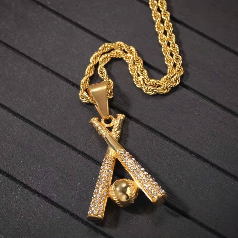 ied out Baseball bat pendant necklaces for men luxury designer mens bling diamond player pendants stainless steel hip hop jewelry
