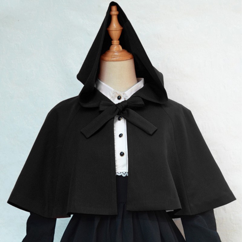 Japanese Inspired Style Vintage Princess Lovely Lolita Short Cloak Hooded Poncho Coat Sweet Ties Front Outwear Mini Jacket Cape Black Red