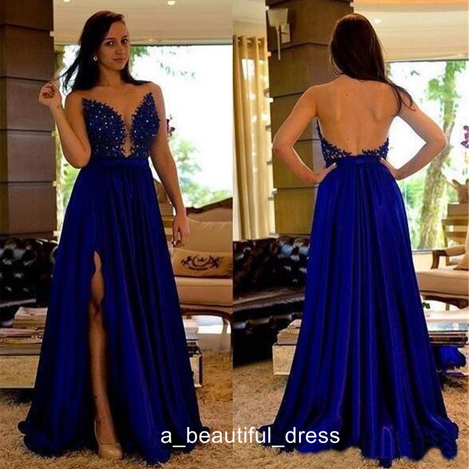 Sexy Royal Blue Evening Dresses Long Cheap A Line Split Backless Formal Lace Appliques Prom Party Gowns Special Occasion Dress PD5570