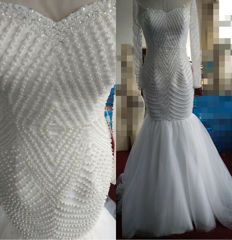 Luxury Full Beaded Mermaid Wedding Dresses Sheer Jewel Neck Long Sleeve Bridal Gowns South African Pearls Slim Floor Length Wedding Dress