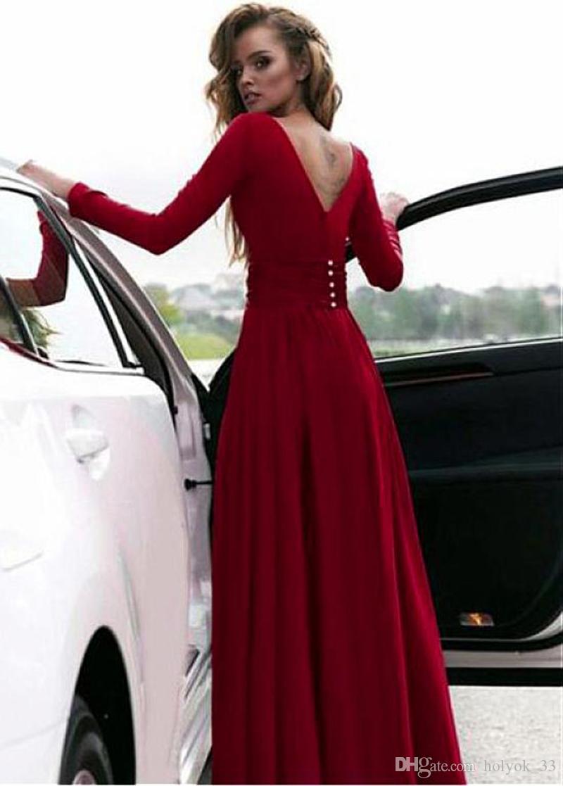 2020 Elegant Red Long Prom Dresses Long Sleeve V Neck Floor Length Backless Evening Gowns Formal Women Special Occasion Party Dresses