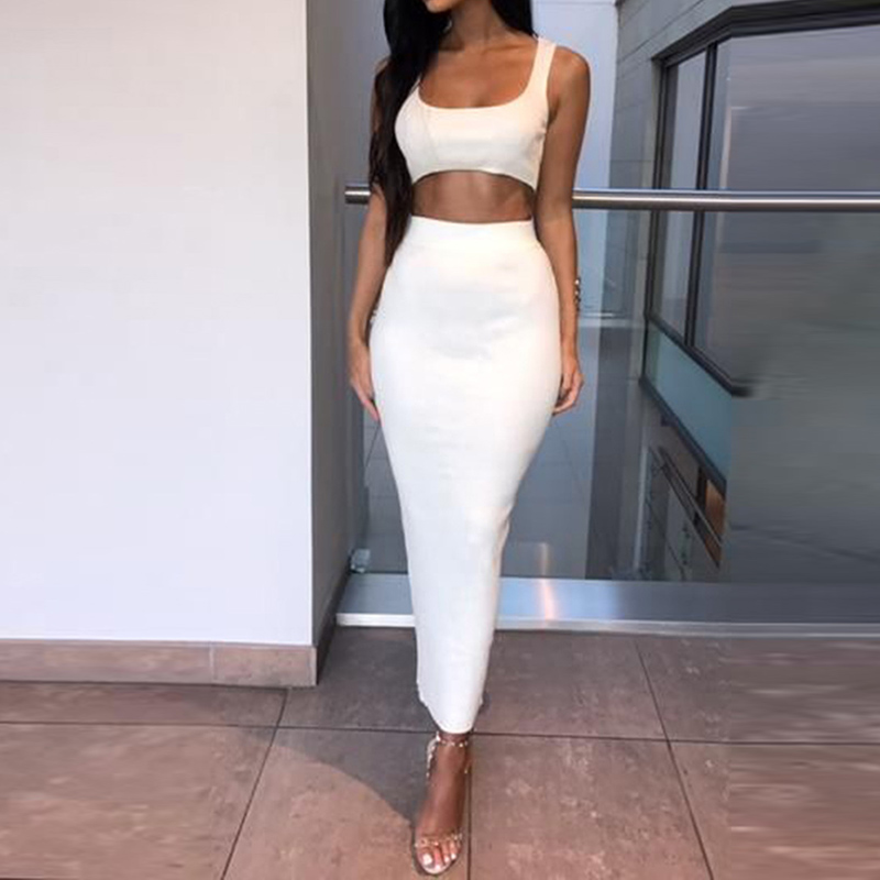 2Pcs Crop Tops And Set Matching Women Two Pieces Sexy Sleeveless Short Tops+Bodycon Slim Long Skirt Sets B3