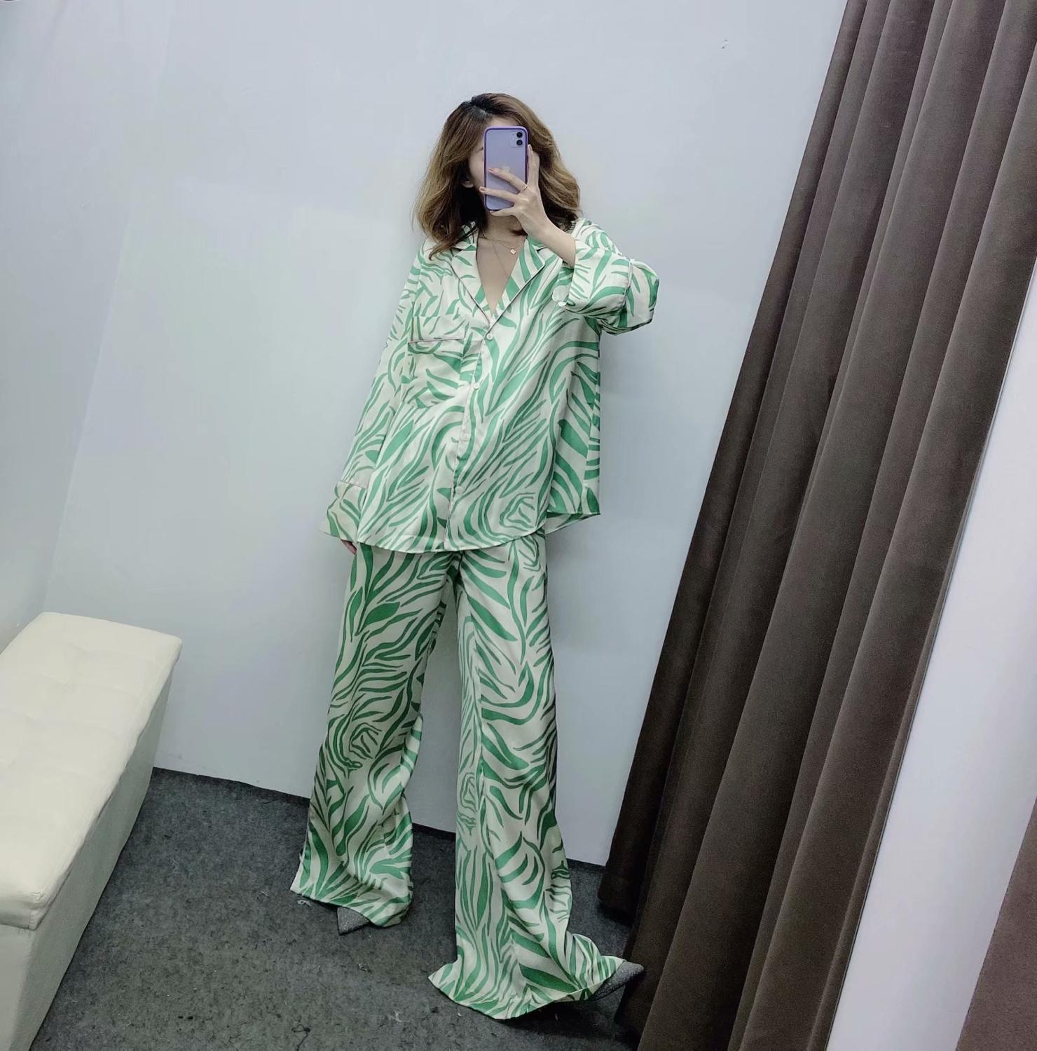 2020 NEW Summer Spring Women 2 pieces Set white green printed full Sleeve blouse long pants Suit female casual woman clothes CX200701