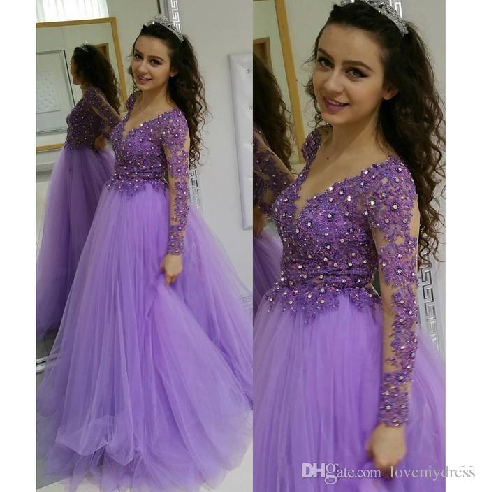 Illusion Elegant Lavender Evening Prom Homecoming V Neck Long Sleeves Crystal Beaded Lace Applique Empire Waist Formal Dress Vestidos 0914