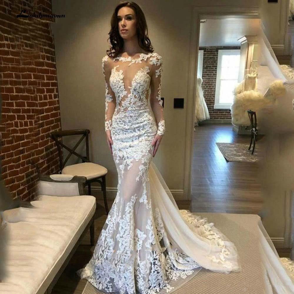Newest Sheer Neck Dresses Long Illusion Sleeves Lace Applique Sexy Backless Sweep Train Custom Made Wedding Gowns