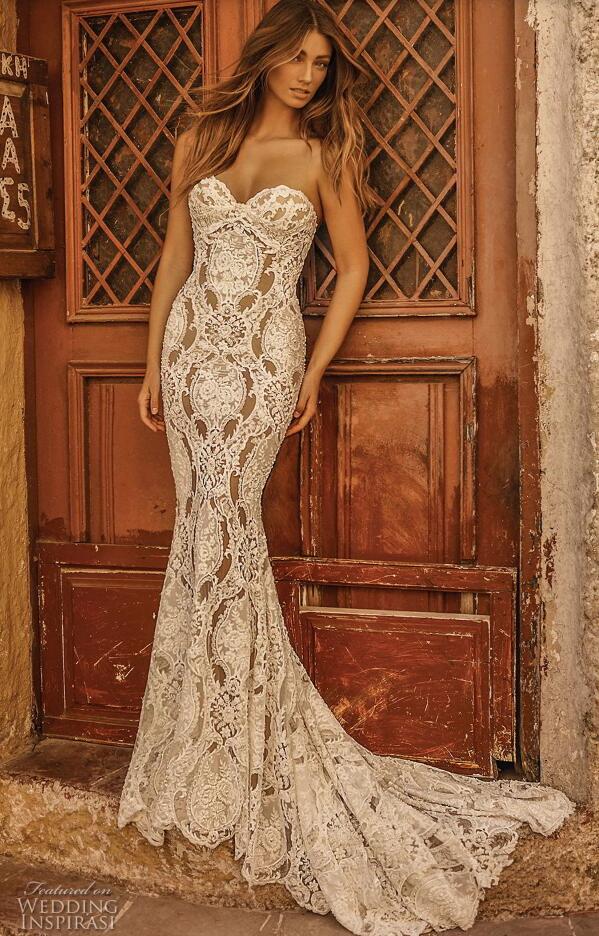 Sexy Mermaid Berta Wedding Dresses 2019 Simple Full Luxury Lace Sweetheart Backless Sweep Train Seaside Holiday Beach Bridal Wedding Gown