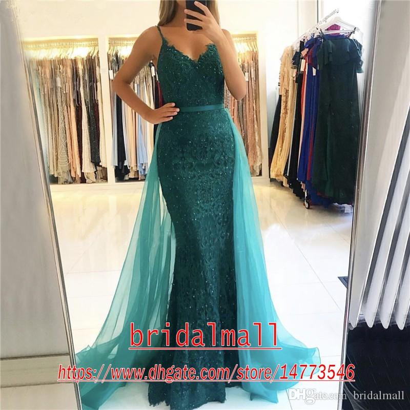 Green Sexy Dark Lace Mermaid Dresses With Detachable Train Spaghetti Straps Formal Pageant Prom Dress Cheap Party Evening Gowns