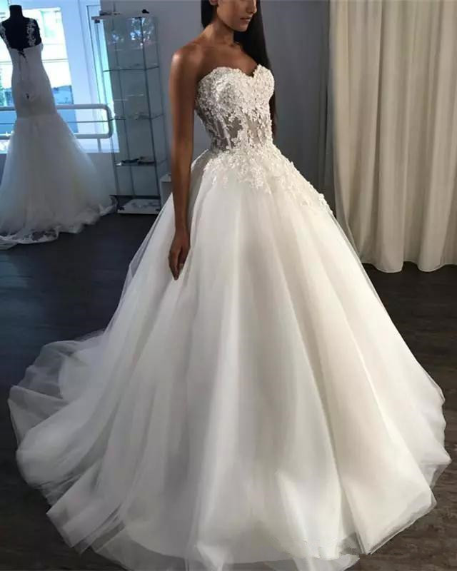 Sexy Sweetheart A Line Wedding Dresses Corset Back Sweep Train 3D Lace Seaside Wedding Bridal Gowns Beach robes de mariée