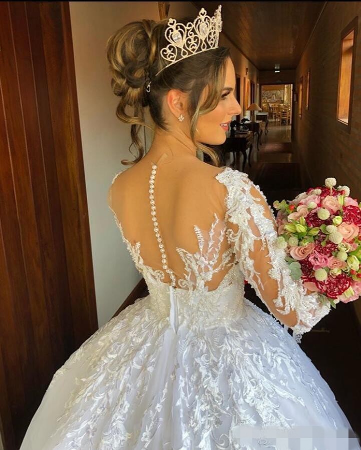 Ball Sleeves Long Gown Dresses Scoop Sheer Neck Pearls Beaded Sweep Train Wedding Bridal Gowns Custom Made Vestido De Novia S