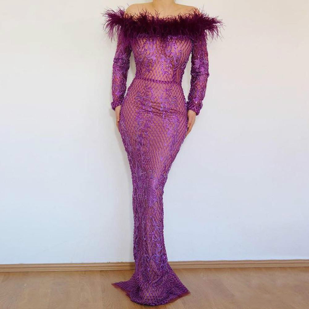 2020 Arabic Feather Evening Dresses Off The Shoulder Long Sleeve Mermaid Prom Dresses Lace Appliques Formal Party Second Reception Gowns