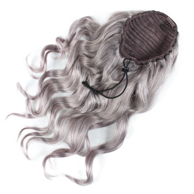 Silver hair ponytail puff updo bun Elegant women extension , Wavy Curly virgin remy clip in gray ponytail drawstring 100g-140g