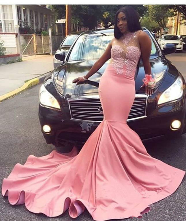 African Lace Mermaid Pink Prom Black Girl Graduation Dresses Applique Long Evening Party High Neck Pageant Gowns Plus Size 0510