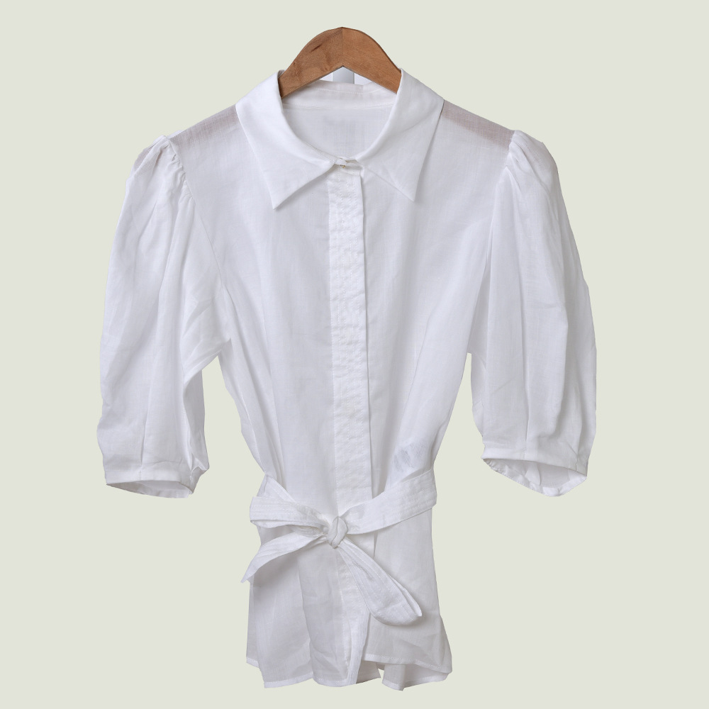 2020 Spring Summer 3/4 Sleeve Lapel Neck White Pure Color Belted Blouse Women Fashion Shirt W0615017