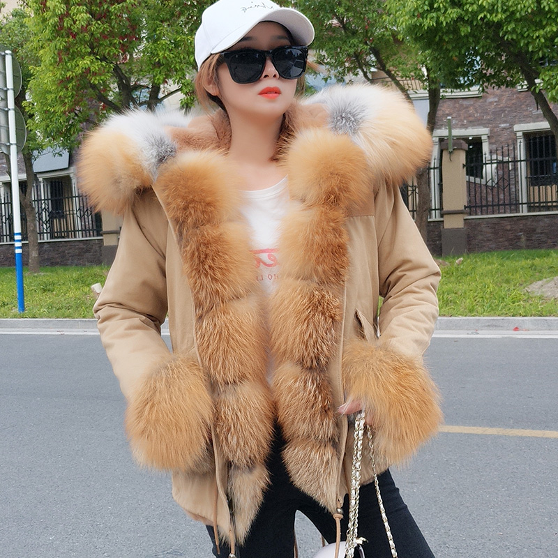New Parka winter long khaki parka jacket women real fur coat natural red fox hooded good faux liner outwear MX191025