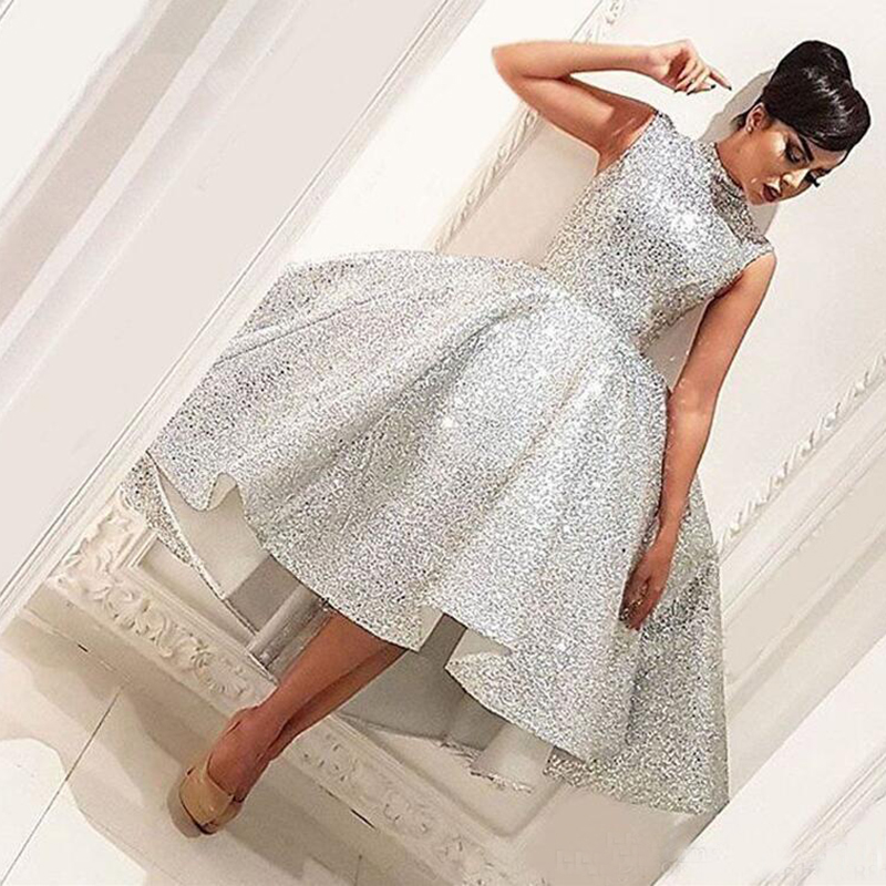 Bling Short Evening Dresses Ball Gown Tea Length Seuqins Islamic Dubai Saudi Arabic Long Formal Evening Gown Prom Dresses